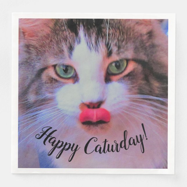 Adorable Cute Cat w Pink Tongue Licking Lips Paper Dinner Napkins (Front)