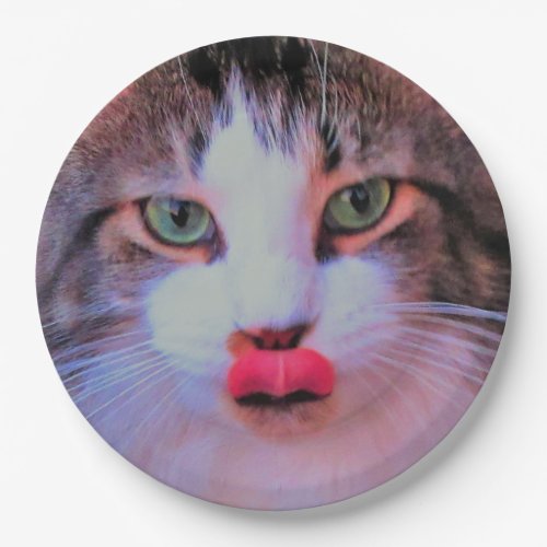 Adorable Cute Cat w Pink Tongue Licking Lips Paper Plates