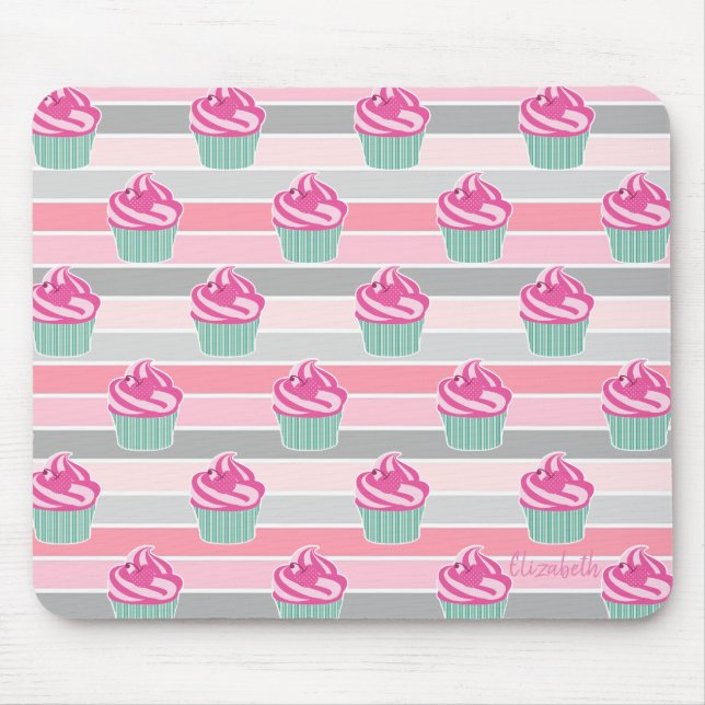 Adorable Cute Cupcakes, Stripes -Personalized Mouse Pad (Front)