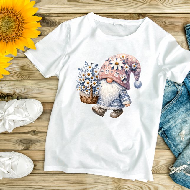 Adorable Cute Daisy Flower Gnome Women's T-Shirt (Daisy Flowers Gnome Women's T-shirt in Gray and White.)