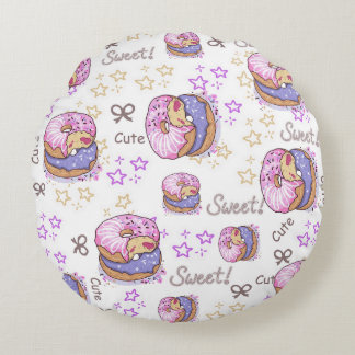 Adorable cute donut baby girl pattern White purple Round Pillow