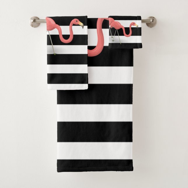 Adorable Cute Flamingos, Stripes Bath Towel Set (Insitu)