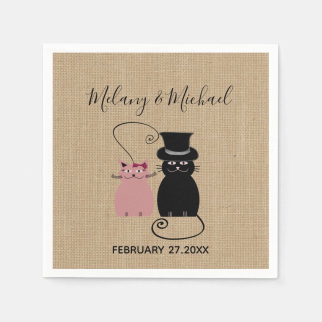 Adorable cute funny cartoon cats in love burlap napkins (Front)