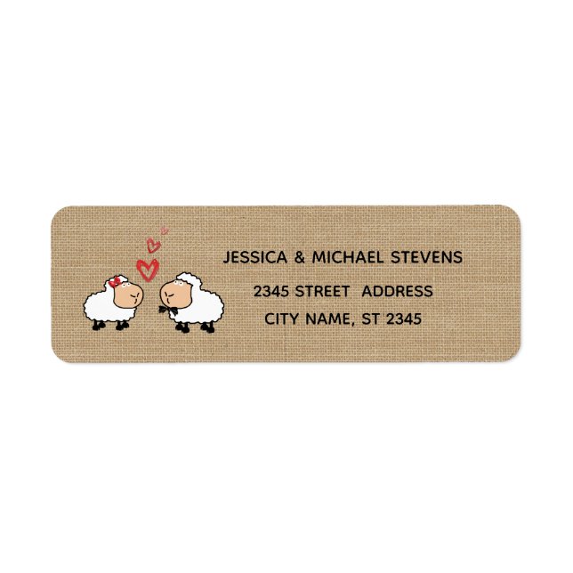 Adorable cute funny cartoon sheep in love burlap label (Front)