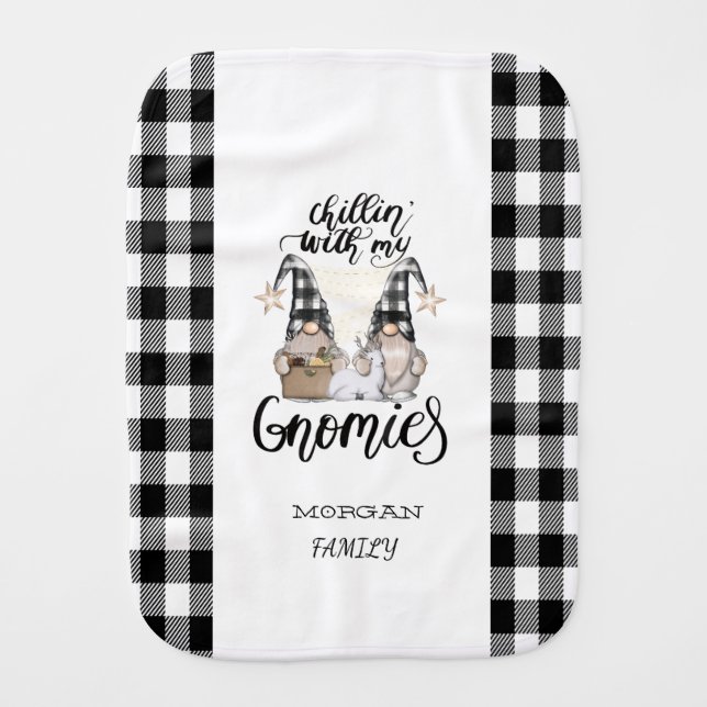 Adorable Cute Gnomes Black Buffalo Plaid Baby Burp Cloth (Front)