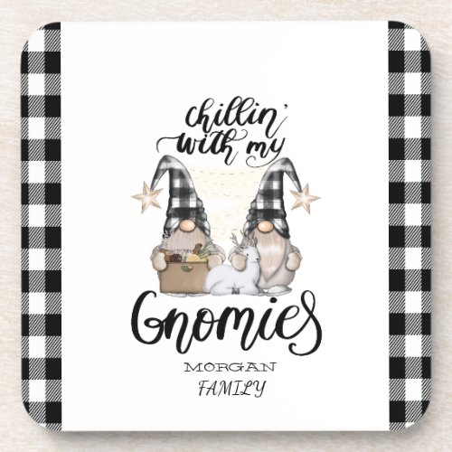 Adorable Cute Gnomes Black Buffalo Plaid Beverage Coaster