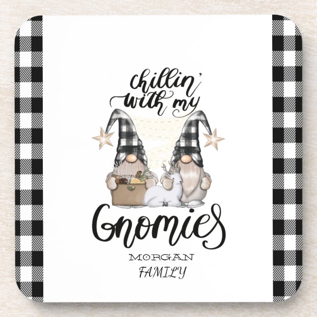 Adorable Cute Gnomes Black Buffalo Plaid Beverage Coaster (Front)