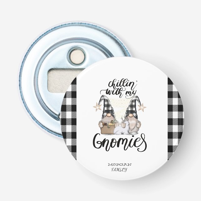 Adorable Cute Gnomes Black Buffalo Plaid Bottle Opener (Front)