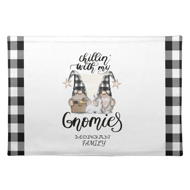 Adorable Cute Gnomes Black Buffalo Plaid Cloth Placemat (Front)