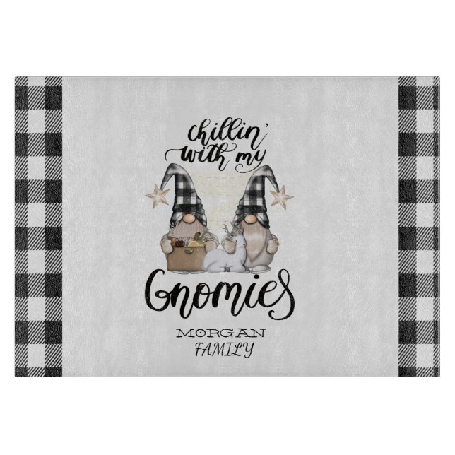 Adorable Cute Gnomes Black Buffalo Plaid Cutting Board (Front)