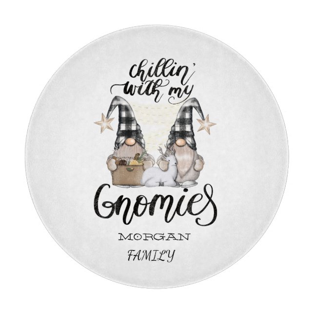 Adorable Cute Gnomes Black Buffalo Plaid Cutting Board (Front)