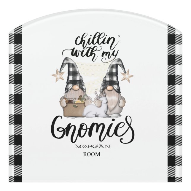 Adorable Cute Gnomes Black Buffalo Plaid Door Sign (Contour Front)