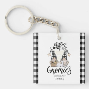 Adorable Cute Gnomes Black Buffalo Plaid Keychain
