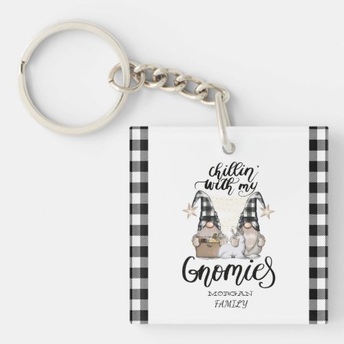 Adorable Cute Gnomes Black Buffalo Plaid Keychain