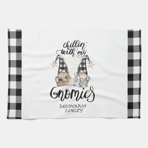 Adorable Cute Gnomes Black Buffalo Plaid Kitchen Towel