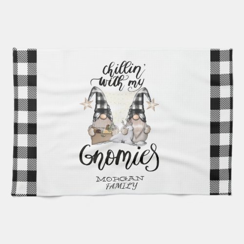 Adorable Cute Gnomes Black Buffalo Plaid Kitchen Towel