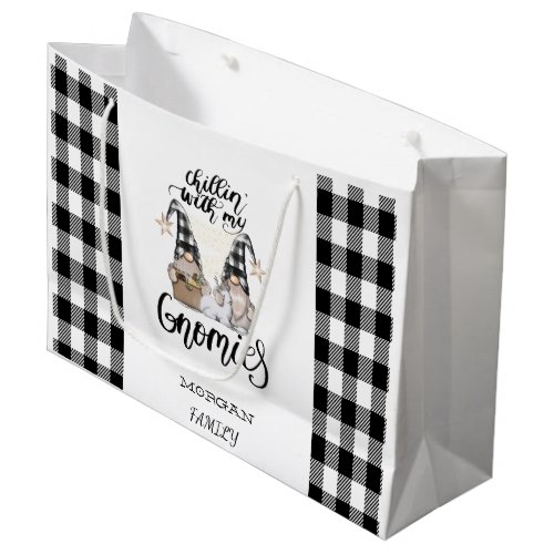 Adorable Cute Gnomes Black Buffalo Plaid Large Gift Bag