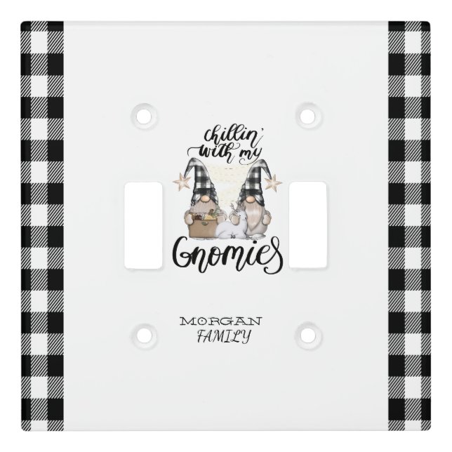 Adorable Cute Gnomes Black Buffalo Plaid Light Switch Cover (Front)