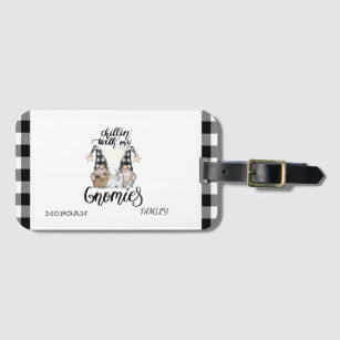 Adorable Cute Gnomes Black Buffalo Plaid Luggage Tag