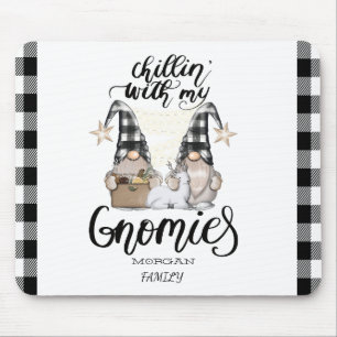 Adorable Cute Gnomes Black Buffalo Plaid Mouse Pad