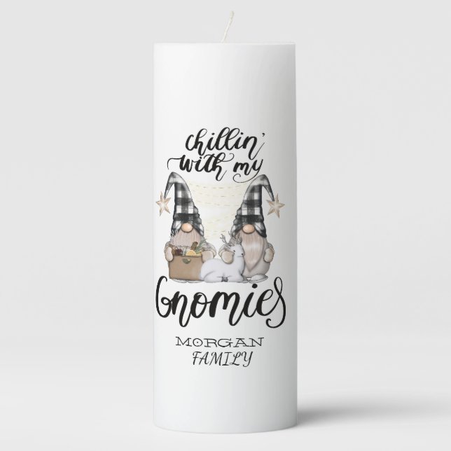 Adorable Cute Gnomes Black Buffalo Plaid Pillar Candle (Front)