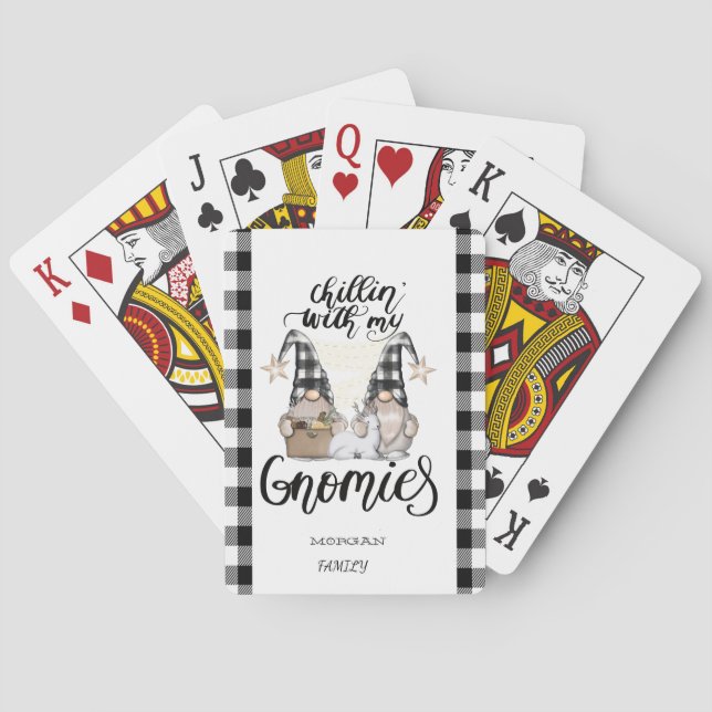 Adorable Cute Gnomes Black Buffalo Plaid Poker Cards (Back)