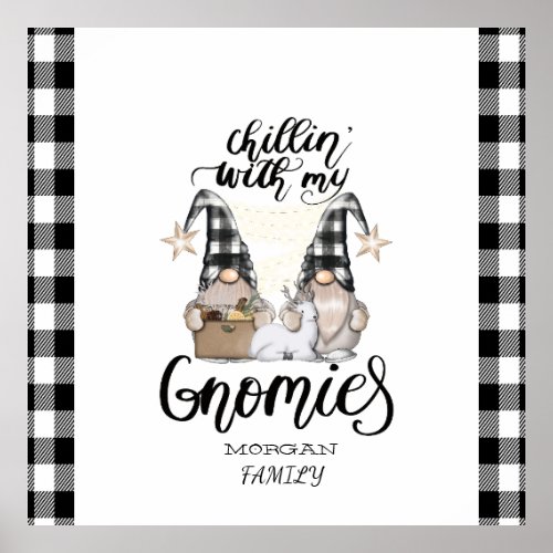 Adorable Cute Gnomes Black Buffalo Plaid Poster