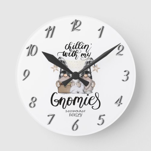 Adorable Cute Gnomes Black Buffalo Plaid Round Clock