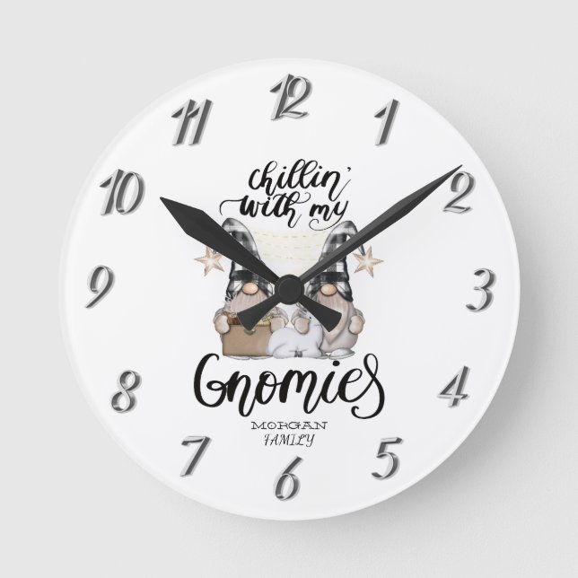 Adorable Cute Gnomes Black Buffalo Plaid Round Clock (Front)