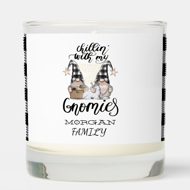 Adorable Cute Gnomes Black Buffalo Plaid Scented Candle (Front)