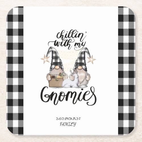 Adorable Cute Gnomes Black Buffalo Plaid Square Paper Coaster
