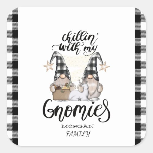 Adorable Cute Gnomes Black Buffalo Plaid Square Sticker