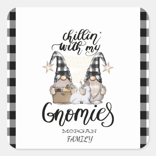 Adorable Cute Gnomes Black Buffalo Plaid Square Sticker (Front)