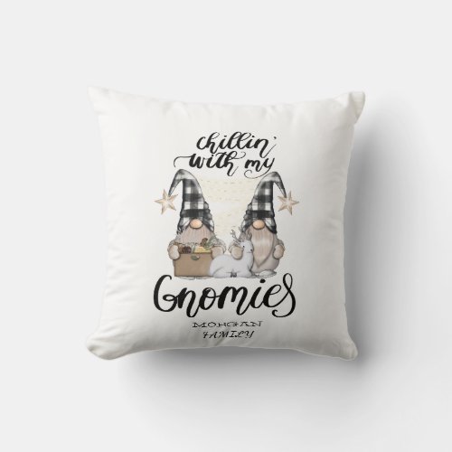 Adorable Cute Gnomes Black Buffalo Plaid Throw Pillow