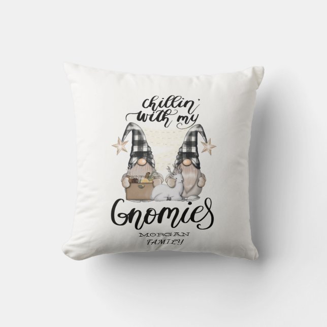Adorable Cute Gnomes Black Buffalo Plaid Throw Pillow (Front)
