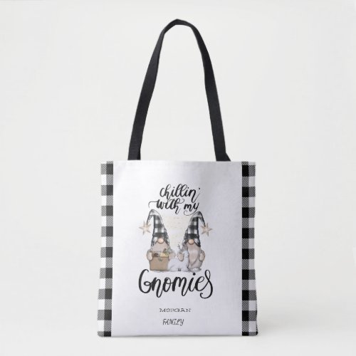 Adorable Cute Gnomes Black Buffalo Plaid Tote Bag