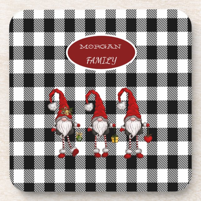 Adorable Cute Gnomes Buffalo Plaid Beverage Coaster (Front)