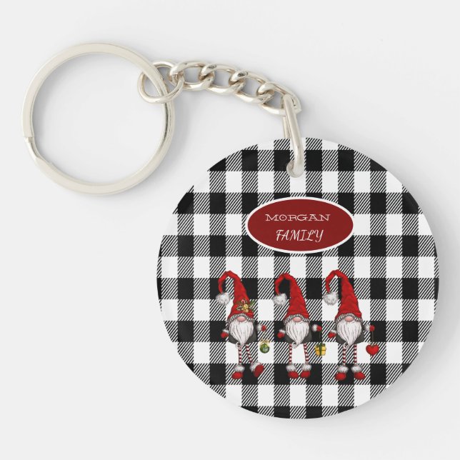 Adorable Cute Gnomes Buffalo Plaid Keychain (Front)
