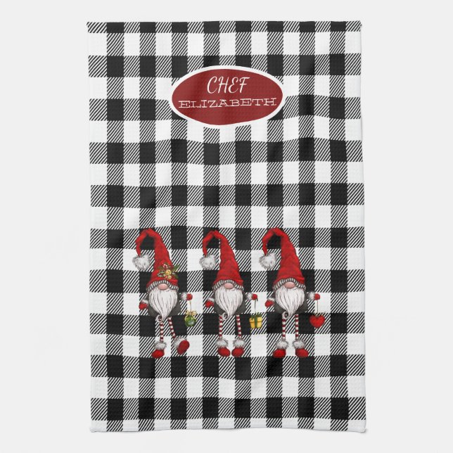 Adorable Cute Gnomes Buffalo Plaid Kitchen Towel (Vertical)