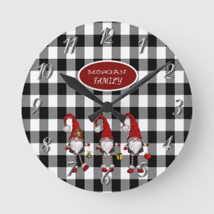 Adorable Cute Gnomes Buffalo Plaid Round Clock