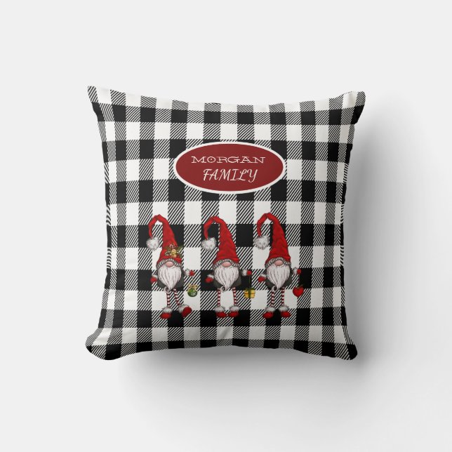 Adorable Cute Gnomes Buffalo Plaid Throw Pillow (Front)