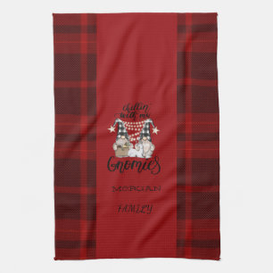 Adorable Cute Gnomes Red Buffalo Plaid Kitchen Towel