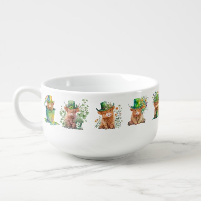 ADORABLE CUTE GREEN IRISH HIGHLAND COWS WITH HATS SOUP MUG (Right)