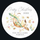 Adorable Cute Happy Dog Dachshund Christmas Lights Classic Round Sticker<br><div class="desc">These quirky round stickers feature an adorable hand-drawn watercolor Dachshund and a "Merry Christmas" headline. Personalize these fun stickers with your family name and year.  Matching greeting cards,  wrapping papers,  stickers,  tags and other stationery available in store!  (c) The Happy Cat Studio.</div>