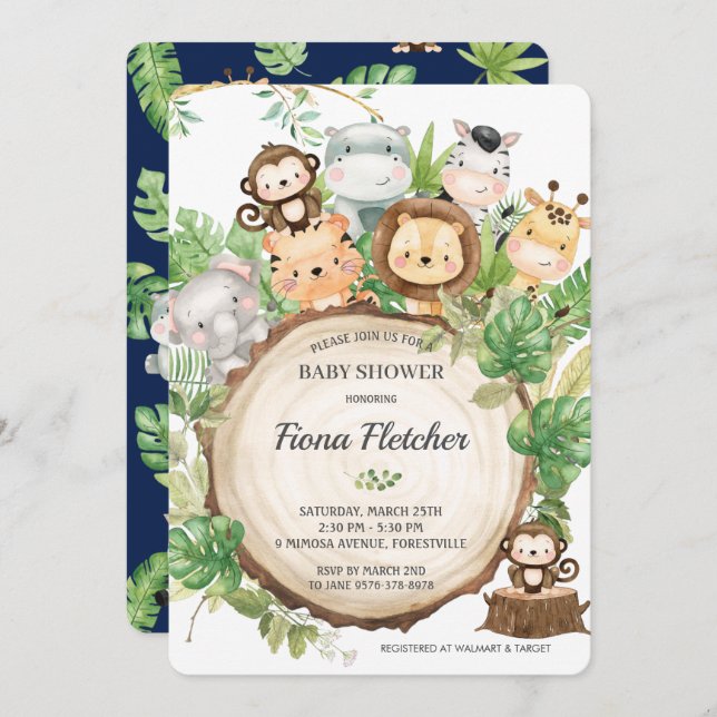 Adorable Cute Jungle Animals Greenery Baby Shower Invitation (Front/Back)