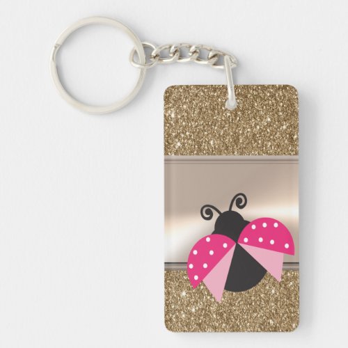 Adorable Cute Ladybug On Gold Glitter Keychain