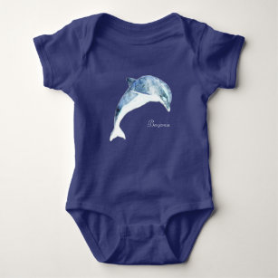 Adorable Cute Light Blue  Dolphin-Personalized Baby Bodysuit