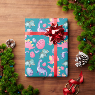 Adorable Cute Light Pink Blue and Green Dinosaur Wrapping Paper