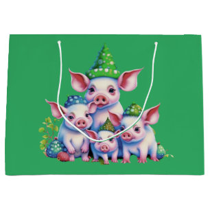 Adorable Cute Little Piggies Christmas Tree Green Large Gift Bag