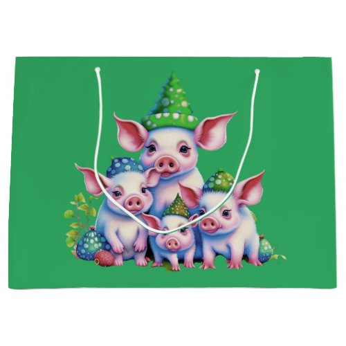 Adorable Cute Little Piggies Christmas Tree Green Large Gift Bag